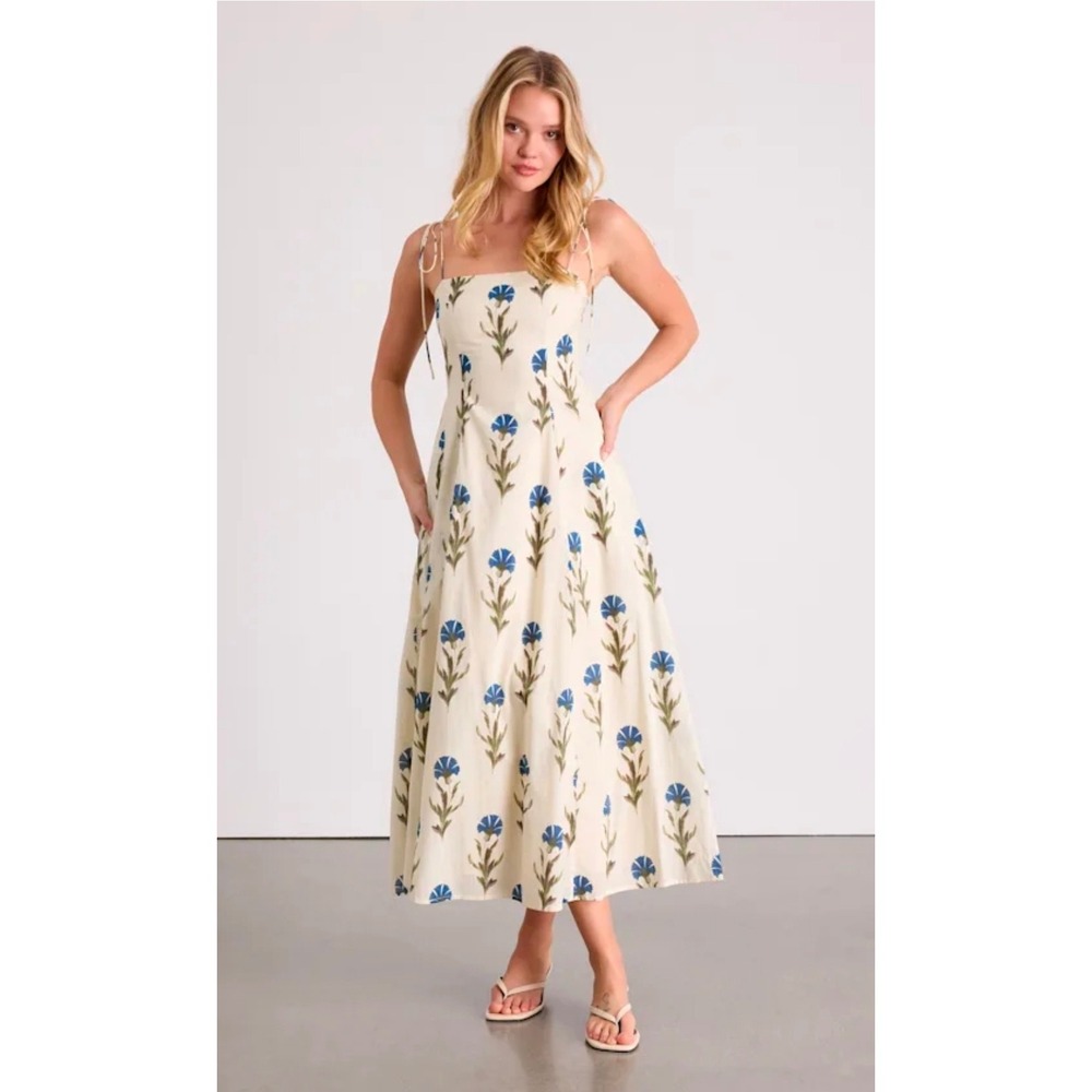 Lulus Syros Cream Floral Tie Strap Midi Dress Print Smocked Blue Sm Womens FLAW